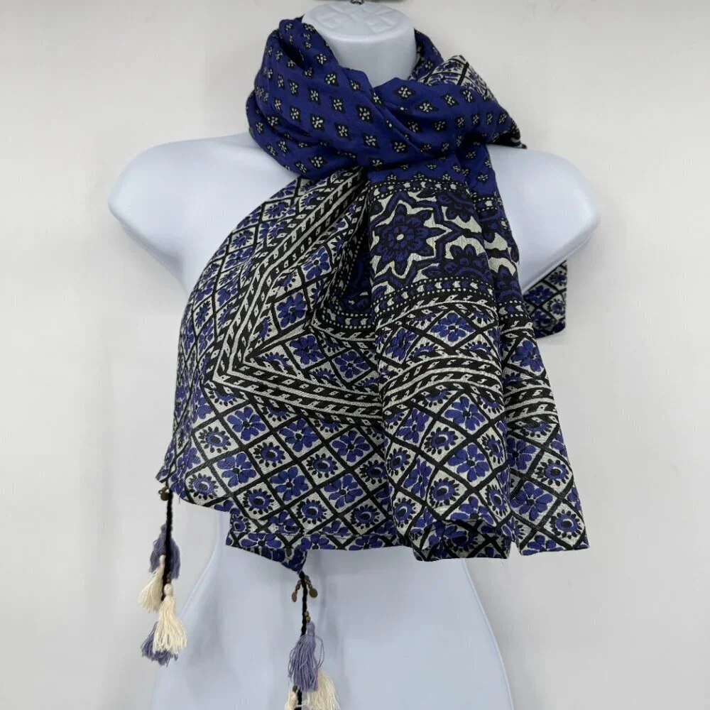 World Market Blue Boho Tassel Scarf Artist’s Cocoon Rayon NWT